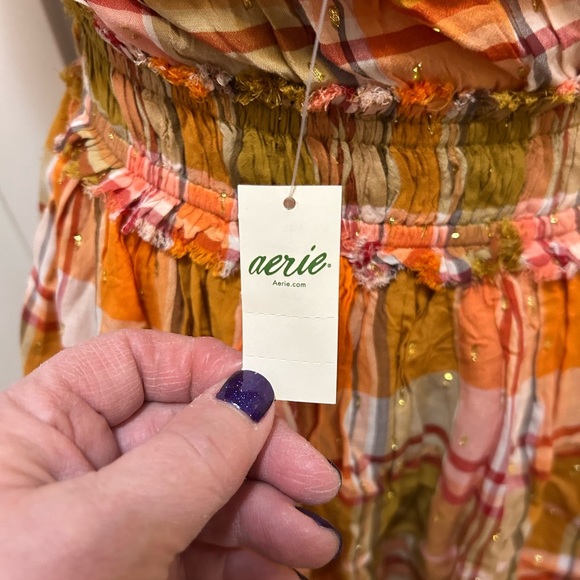 NWT Aerie Plaid Ruffle Halter Mini Dress Size Small Spring Plaid with Gold Dots. - Picture 9 of 12
